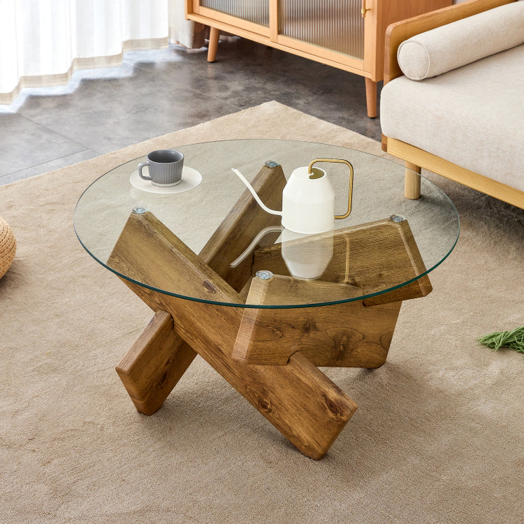 Circular Glass Coffee Table, 33.4 Inch Modern And Distinctive Design Tea Table. Tempered Glass Countertop, Wood Colored Mdf Table Legs. Suitable For Living Rooms And Farmhouses