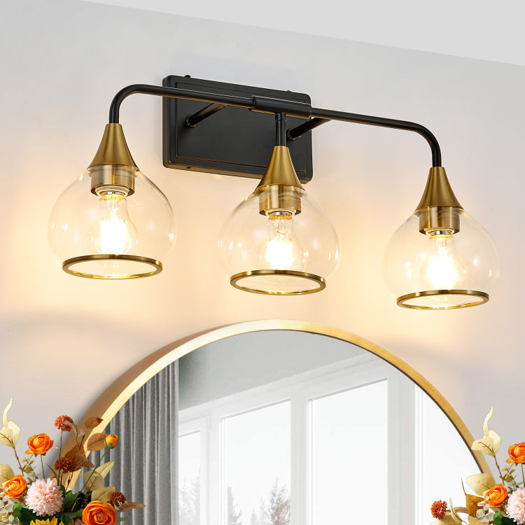 23" Modern 3 Light Vanity Wall Sconce Black And Gold Bathroom Light Fixture With Clear Glass Shades, Industrial Wall Mounted Lamp For Mirror, Vanity, And Living Spaces Bulb Not Included