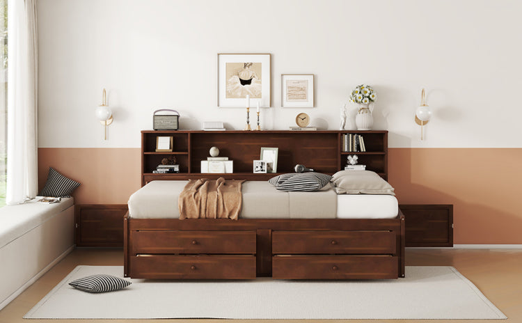 Full Size Wooden Captain Bed With Built In Storage Shelves, 4 Drawers And 2 Cabinets, Antique Brown