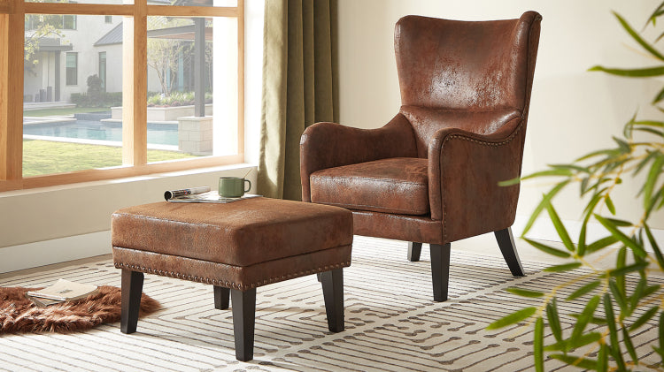 Hi Back Vintage Distressed Lounge Chair With Ottoman,Classic Tufted Design & Nailhead Trim For Living Room, Study, Bedroom