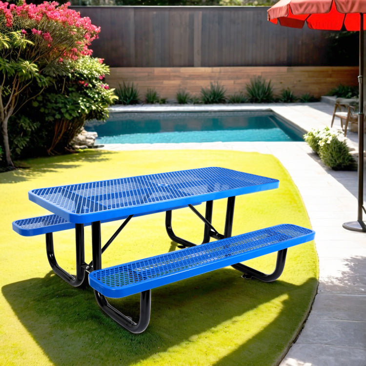 6 Ft. Rectangular Outdoor Steel Picnic Table With Umbrella Pole In Blue