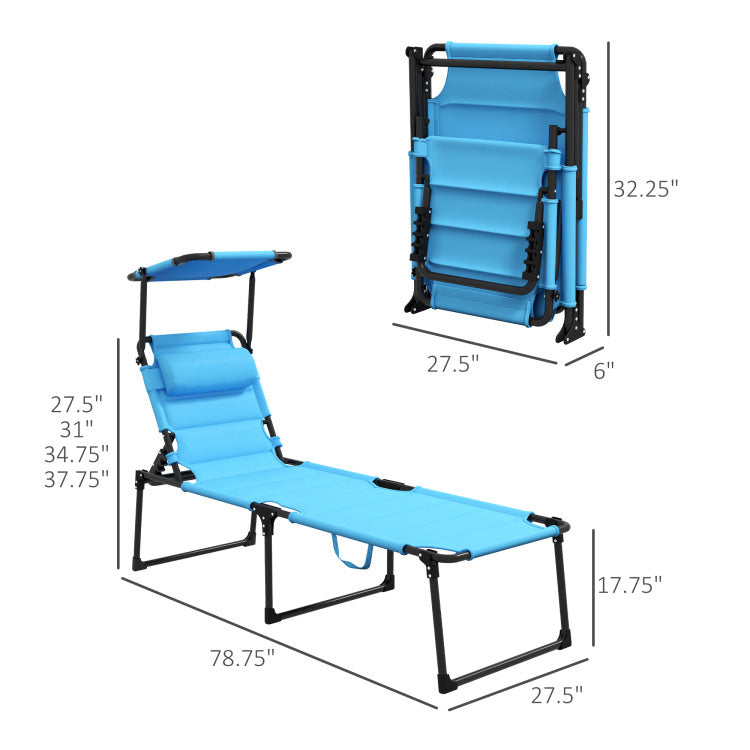 Outsunny Outdoor Lounge Chair, Adjustable Backrest Folding Chaise Lounge, Cushioned Tanning Chair W Sunshade Roof & Pillow Headrest For Beach, Camping, Hiking, Light Blue