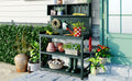 65" Large Wooden Farmhouse Rustic Outdoor Potting Bench Table, Patio Workstation, Garden Potting Bench With 4 Storage Shelves And Side Hook, Forest Green