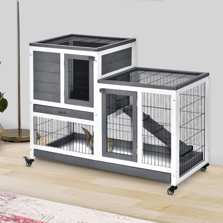 Pawhut Wooden Rabbit Hutch Elevated Bunny Cage Indoor Small Animal Habitat With Enclosed Run With Wheels, Ramp, Removable Tray Ideal For Guinea Pigs, Grey