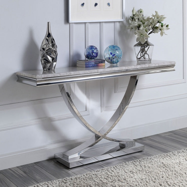 Glam Style Modern Sofa Table 1Pc Stainless Steel Pedestal Base 18Mm Faux Marble On Top Metal Structure Chroma Finish Coffee Table Not Included