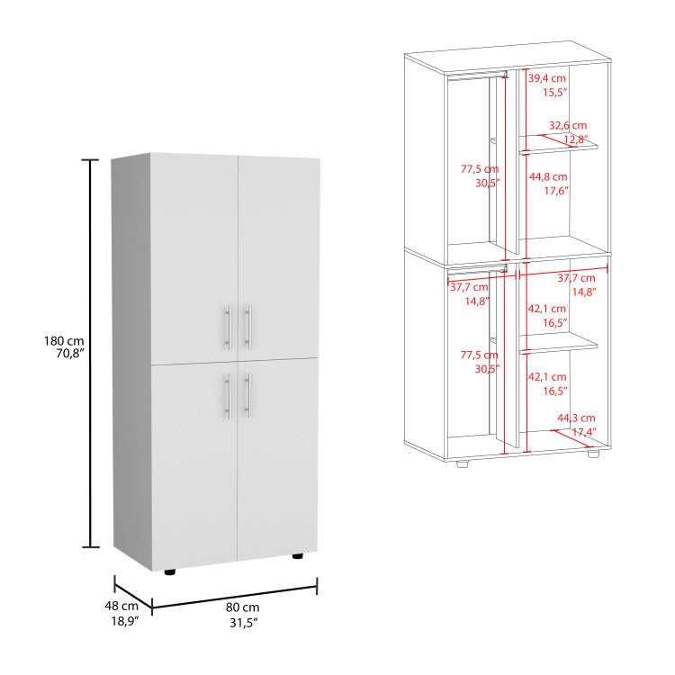 Hazel 70" High Four Door Armoire Wardrove Closet Cabinet, Six Shelves And Two Hanging Rods, Bedroom Clothes Storage Cabinet Organizer White