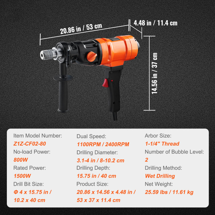 Diamond Core Drilling Machine, 4In Handheld Wet Concrete Core Drill Rig, 1100 2400Rpm Two Speed & 1 1 4" Thread & 2 Bubble Levels, 3 4In Drilling Diameter For Concrete Brick Block Stone, 1500W