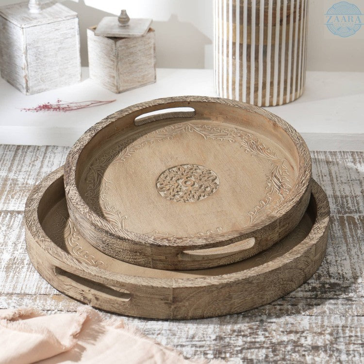 Round Mango Wood Serving Tray 18" Rustic Brown Design For Stylish Entertaining