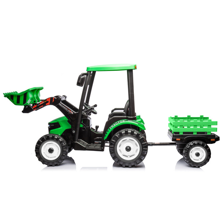 24V Kids Ride On Tractors With Parent Remote Control, Pedal Tractors With Working Loader And Backhoe Digger, Kids' Ride On Car Toys 24V Battery Powered Electric Vehicles With Trailer, Digger Green