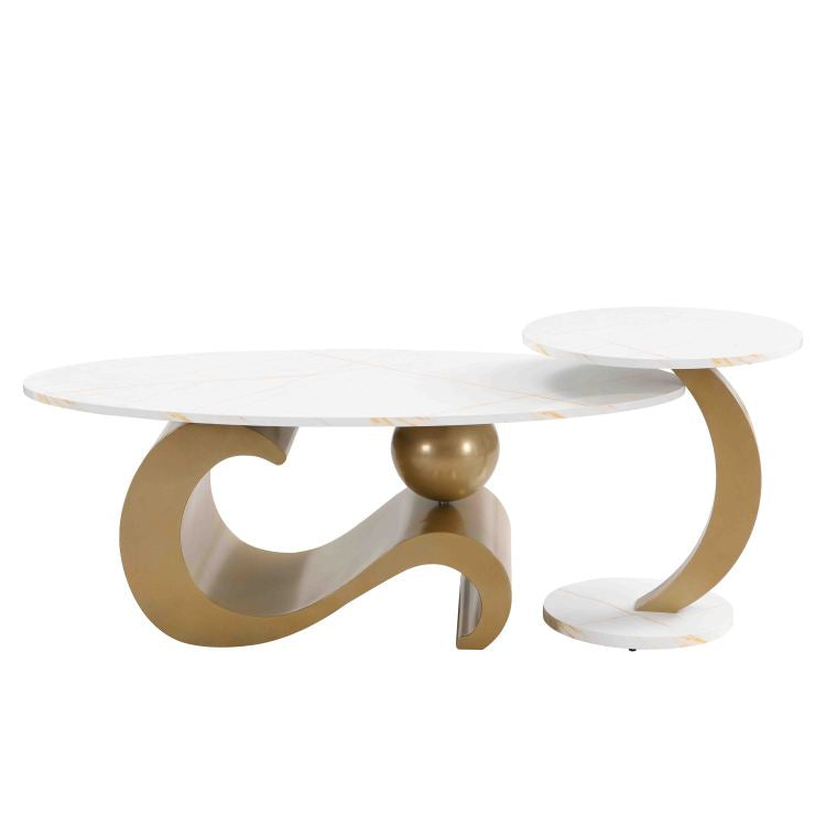Modern Nesting Coffee Table Set Of 2 End Table For Living Room, Oval And Round Table Set, Golden