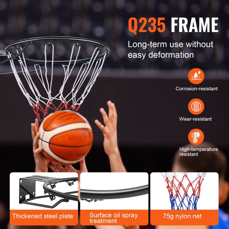 Basketball Rim, Wall Door Mounted Basketball Hoop, Heavy Duty Q235 Basketball Flex Rim Goal Replacement With Net And Double Spring, Standard 18" Indoor Outdoor Hanging Hoop For Kids Adults