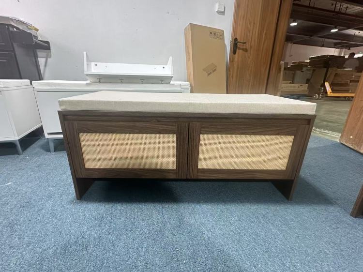 Pp Rattan Storage Bench With Cushion, Faux Rattan Shoe Cabinet With 2 Doors, Mid Century Modern Wood Entryway Seat, For Bedroom, Hallway, Mudroom, Natural Finish