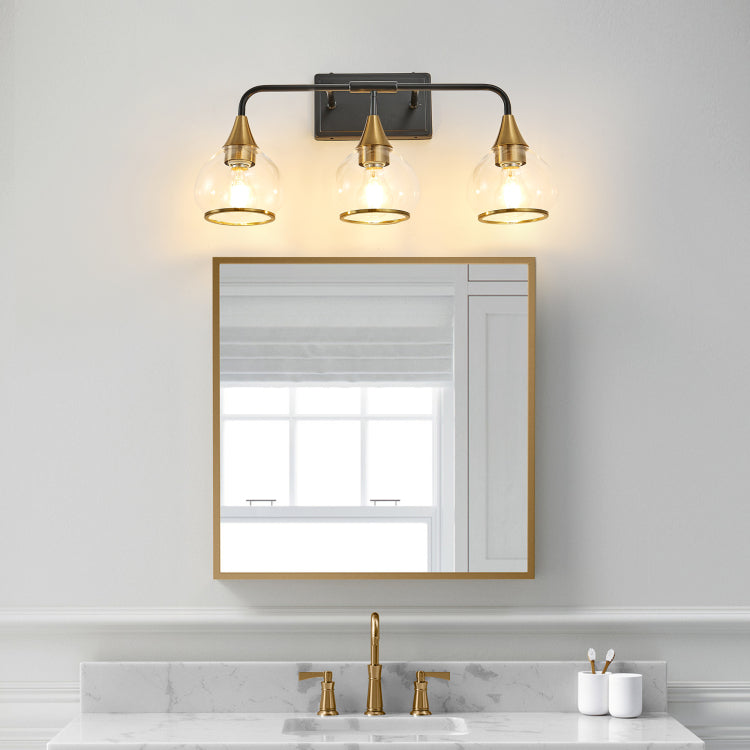 23" Modern 3 Light Vanity Wall Sconce Black And Gold Bathroom Light Fixture With Clear Glass Shades, Industrial Wall Mounted Lamp For Mirror, Vanity, And Living Spaces Bulb Not Included