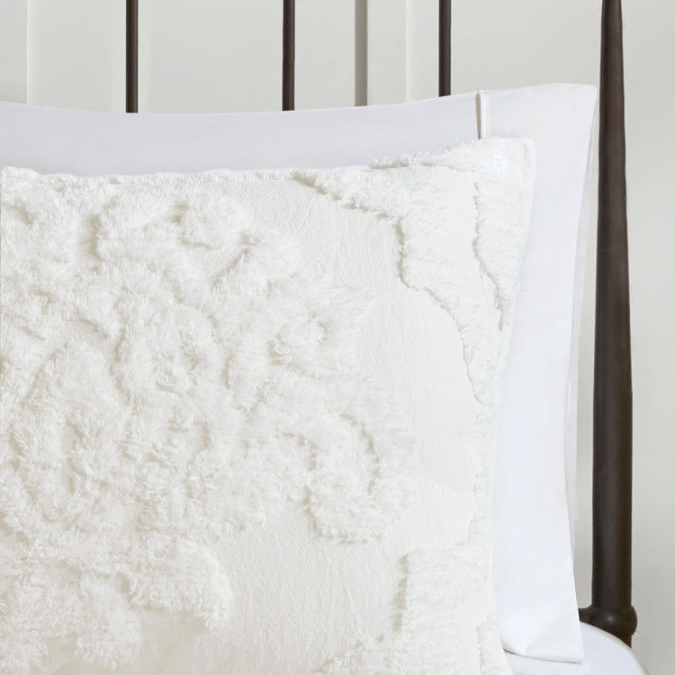 3 Piece Tufted Cotton Chenille Damask Comforter Set Off White Full Queen