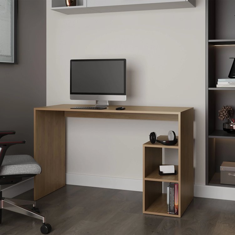 Natural Oak Computer Desk With Open Storage And Open Shelf