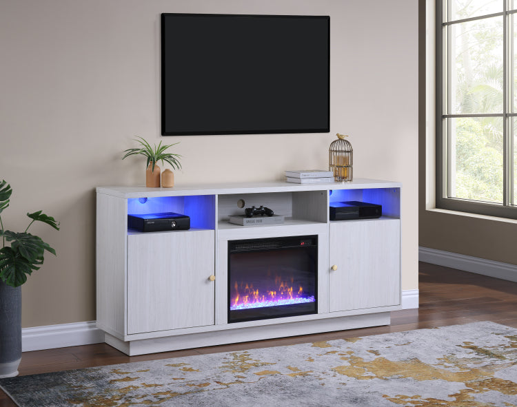 Ambrose 70"W White Walnut Finish Fireplace Console Tv Stand With Heater, Led Light, Cabinets, Shelves