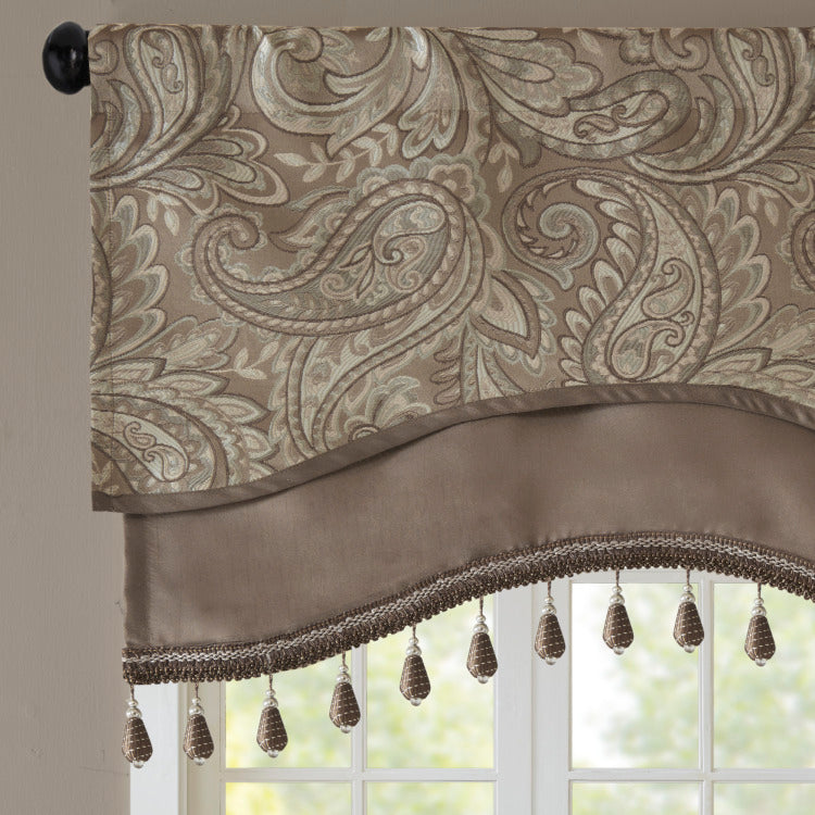Jacquard Window Rod Pocket Valance With Beads Blue Brown 50X18"