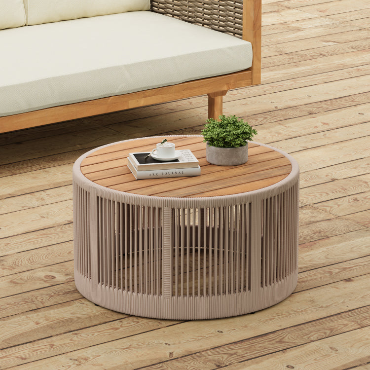 Outdoor Rattan Rope & Acacia Wood Coffee Table Patio Balcony Furniture For Garden, Yard, Balcony Weather Resistant Rope Beige, Natural Iron