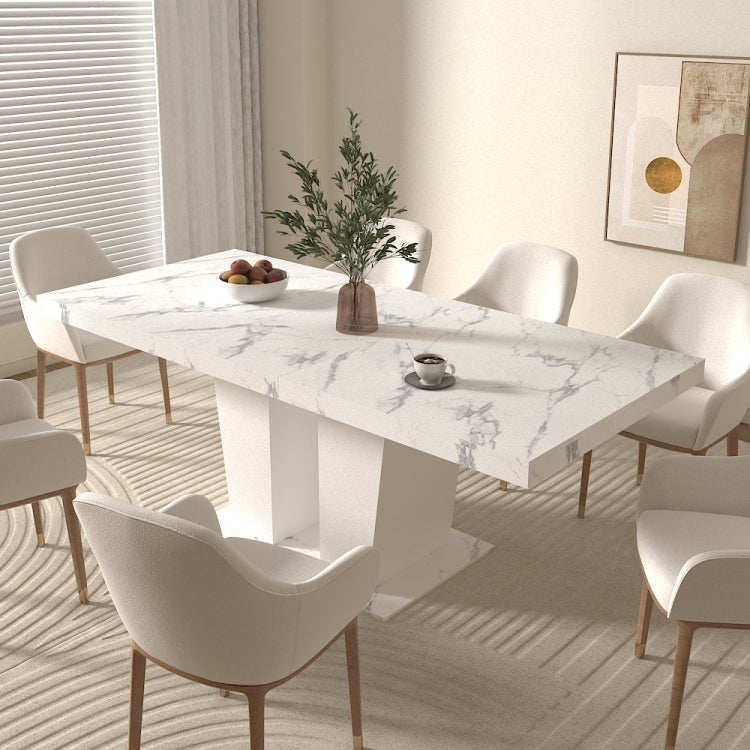 Extendable Dining Room Table For 6 10, Modern All White Faux Marble Rectangle Dining Table With Dual Column Pedestal Base, Expandable Kitchen Table