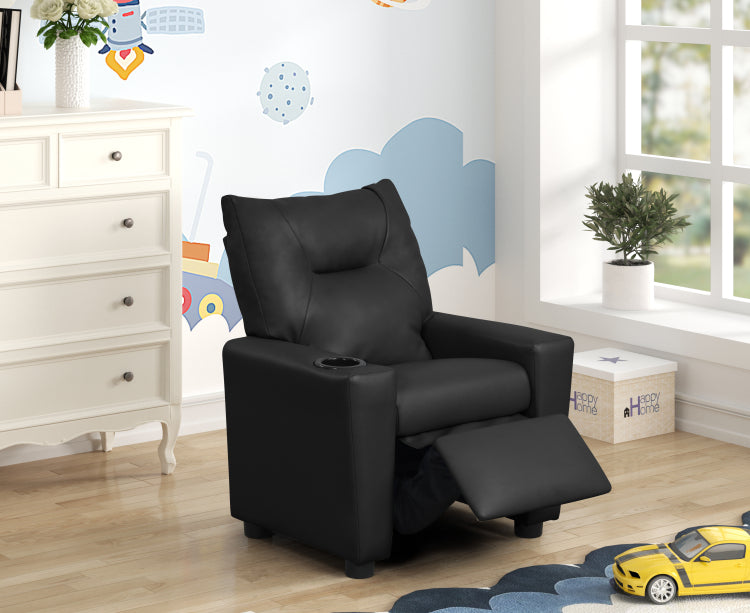 Perline 23"W Black Pu Leather Kids Recliner Chair With Cupholder