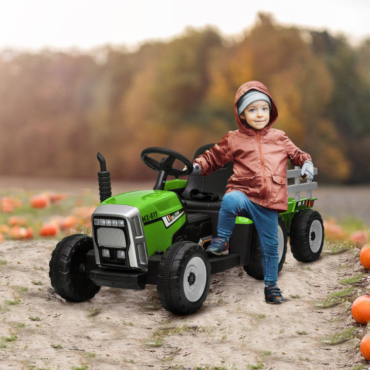 Aosom 12V Ride On Tractor With Trailer, 25W Dual Motors, Battery Powered Electric Tractor With Remote Control, Music Startup Sound And Horn, Led Lights, Green
