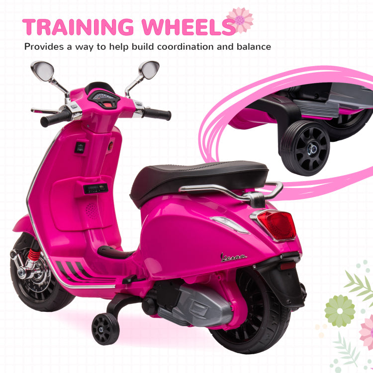 Qaba Vespa Licensed Electric Motorcycle For Kids, 6V Toddler Motorcycle, Battery Operated Motorbike For Kids With Music, Fm Radio, Headlight, Single Button Start For 3 6 Years, Pink