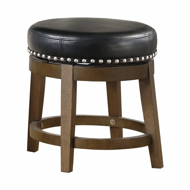 Round Swivel Stool Set Of 2, Black Faux Leather 360 Degree Swivel Seat Nailhead Trim Solid Wood Frame Brown Finish Transitional Style Furniture