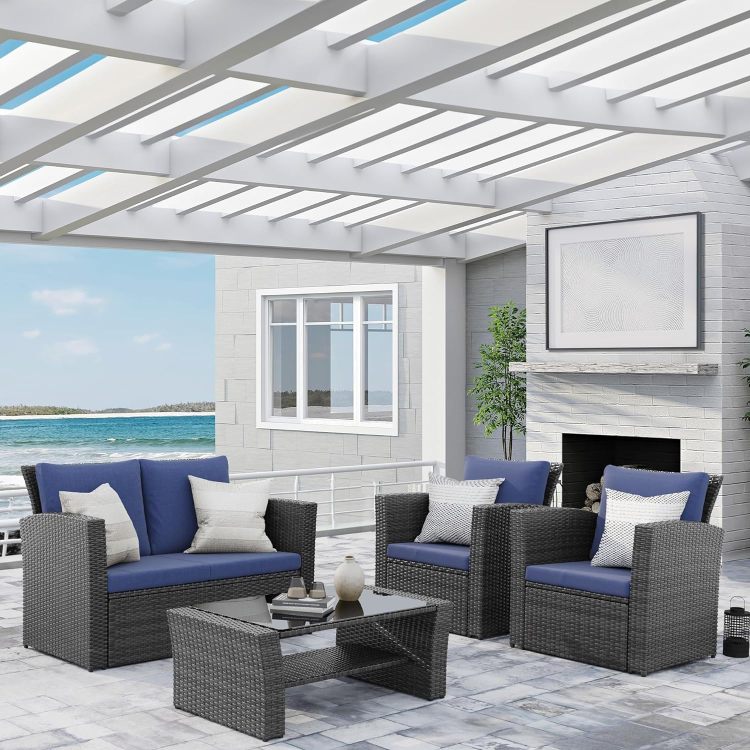 4 Piece Outdoor Patio Furniture Set, Outdoor Sectional Sofa With Tempered Glass Coffee Table And Cushions, Wicker Rattan Patio Set