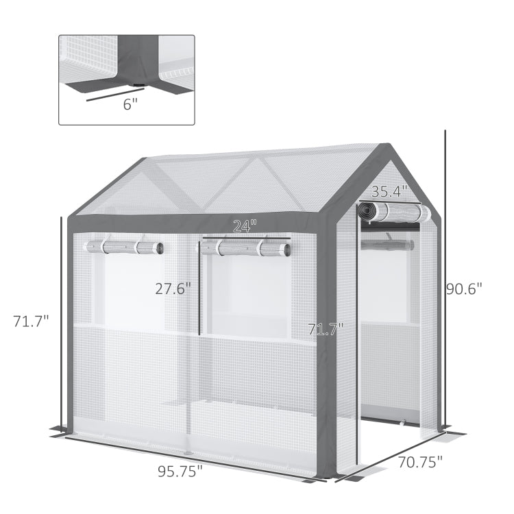 Outsunny 8' X 6' X 7.5' Walk In Greenhouse, Outdoor Gardening Canopy With 6 Roll Up Windows, 2 Zippered Doors & Weather Cover, White