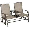 Outsunny Outdoor Glider Bench With Center Table, Metal Frame Patio Loveseat With Mesh Fabric And Armrests For Backyard Garden Porch, Brown