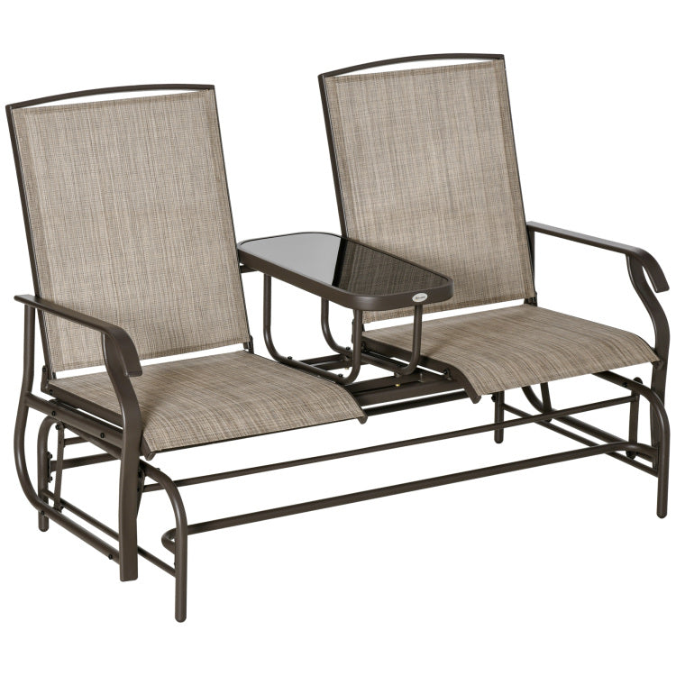 Outsunny Outdoor Glider Bench With Center Table, Metal Frame Patio Loveseat With Mesh Fabric And Armrests For Backyard Garden Porch, Brown