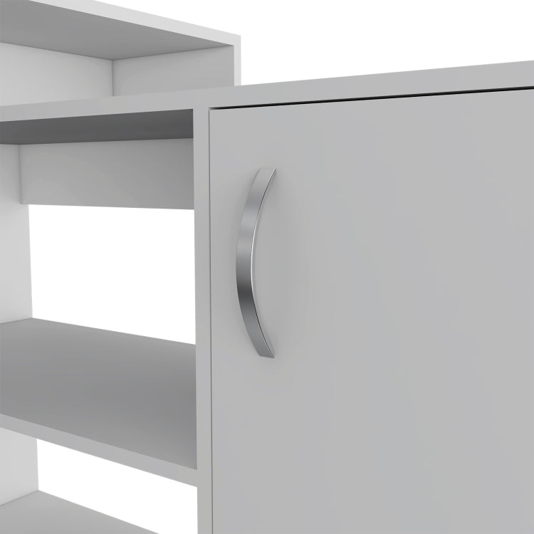 Dallas L Shaped Home Office Desk, Two Shelves, Single Door Cabinet