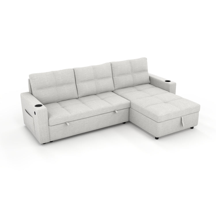 Convertible Fabric Sofa Bed, Pullout Sectional Sleeper Sofa Couches With Usb Charging & Cup Holders, L Shape Sleeper With Storage For Living Room Beige
