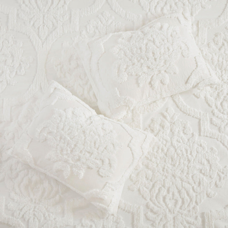 3 Piece Tufted Cotton Chenille Damask Comforter Set Off White Full Queen