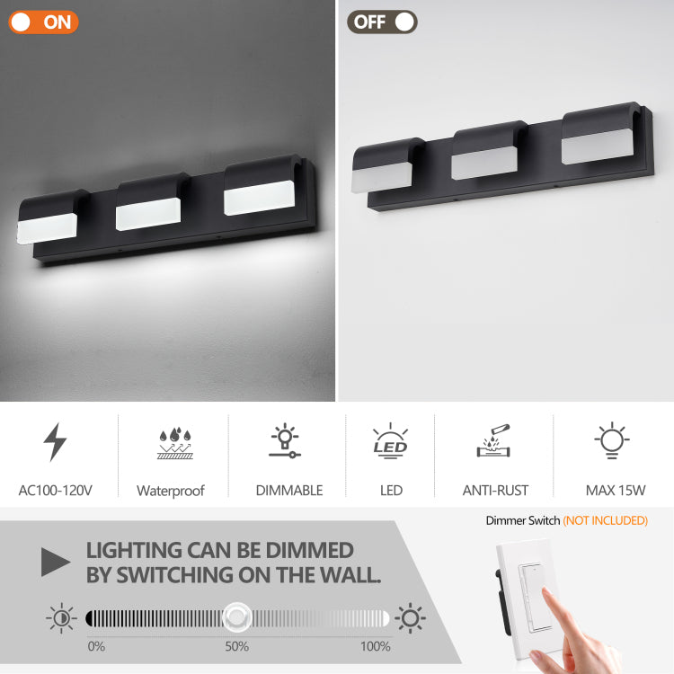 Led Contemporary Vanity Lights Fixture Bathroom Wall Light Over Mirror Matt Black 3 Lights Dimmable
