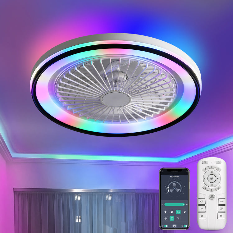 19 Inch Rgb Dimmable Led Enclosed Flush Mount Bladeless 6 Speed Remote Control For Bedroom Party