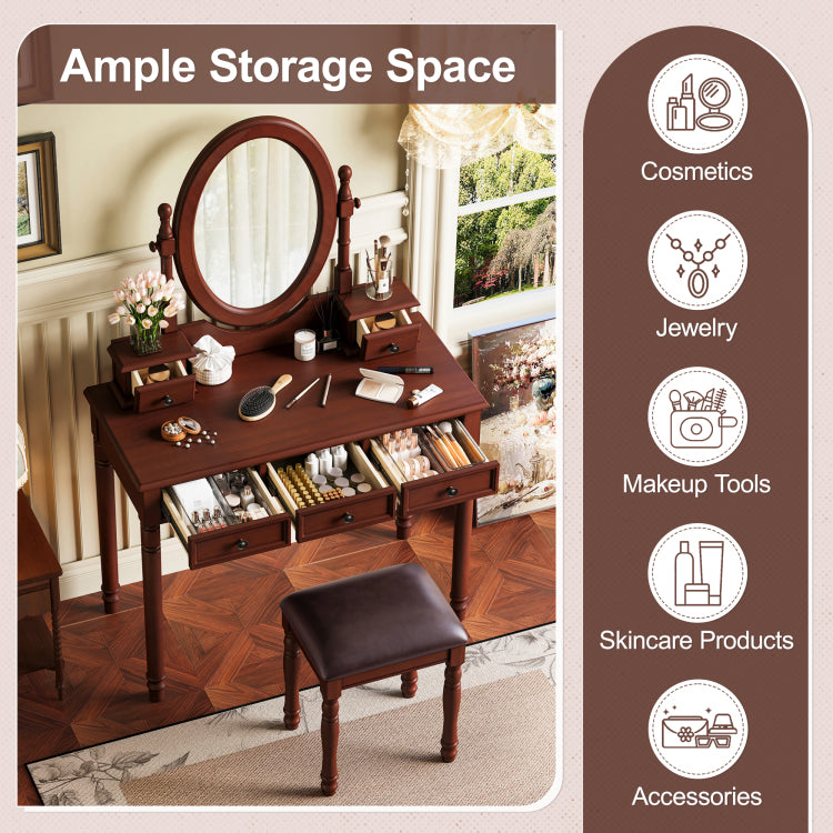 Vanity Desk With Adjustable Angle Mirror, Vintage Vanity Makeup Table And Cushioned Stool Set With Velvet Fabric Lining 5 Drawers,Wooden Dressing Table Set For Bedroom, Walnut