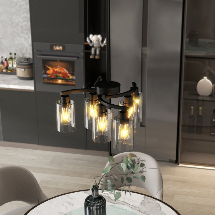 6 Light Modern Farmhouse Black Chandelier, Contemporary Dining Room Light Fixture, Adjustable Height Hanging Industrial Pendant Lights Kitchen Island, Clear Glass Shade