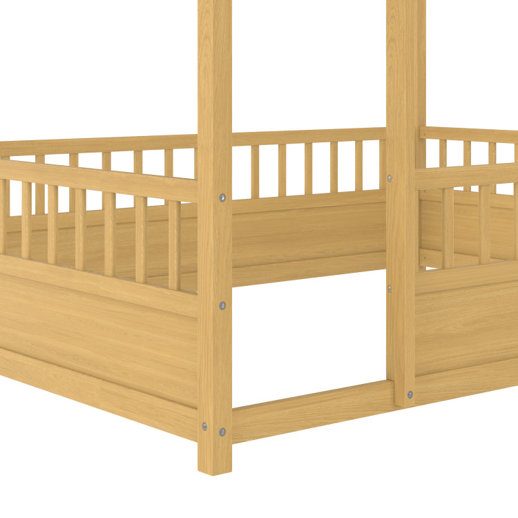 Full Size Floor Wooden Bed With House Roof Frame, Fence Guardrails Full,Natural