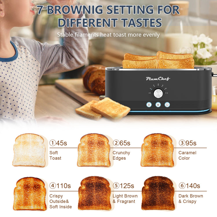 4 Slice Toaster, 7 Browning Settings, Defrost Reheat Functions, Full Body Stainless Steel Housing 1400W ,Anti Fingerprint & Anti Jam Black