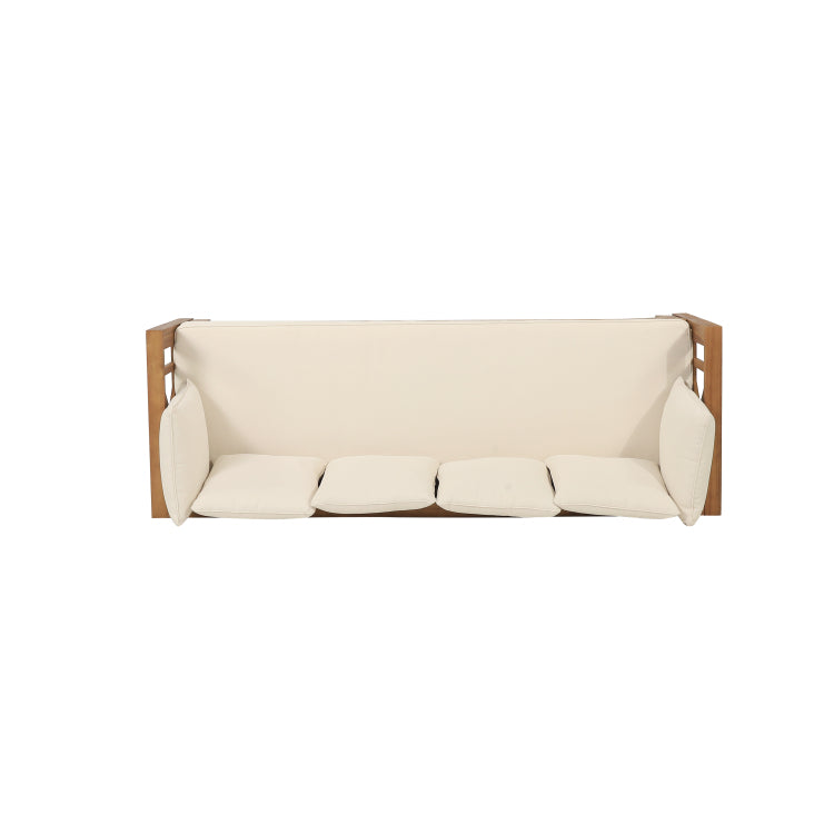 Outdoor Extendable Acacia Wood 3 Seater Sofa, Upholstered Cushion Couch, Daybed Sofa Chair, Spacious Seating Lounge Chair, Patio Daybed Sofa For Garden Yard