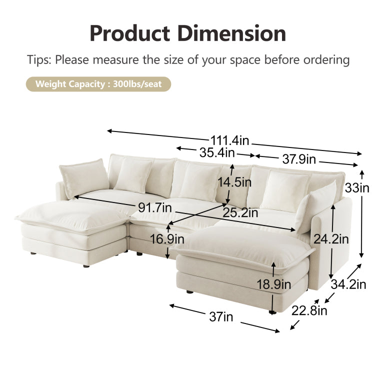 U Shaped Sectional Sofa W Reversible Footrest, 5 Seater Convertible Corner Couch With 2 Ottomans ,Modern Minimalist Soft Sofa & Couch For Living Room , White