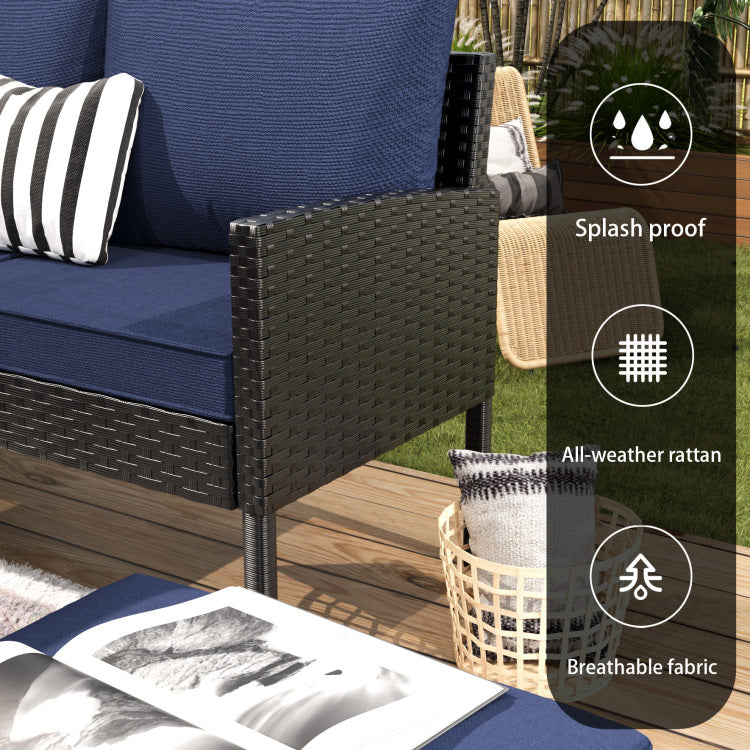 Small Space Patio Furniture 7 Piece Outdoor Furniture Set, Backyard Furniture Set, Waterproof Seat Cushion, Glass Table, Space Saving, Suitable For Backyard, Terrace Or Garden,Dark Blue