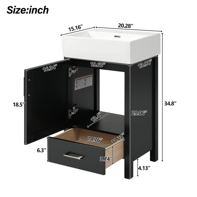 20.28'' Black Modern Bathroom Vanity With Ceramic Sink, Solid Wood Frame, And Drawer Ideal For Small Bathrooms
