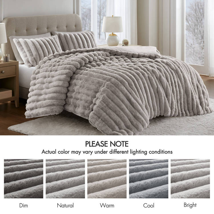 3 Pieces Full Queen Soft Faux Fur Ribbed Comforter Set,Light Gray