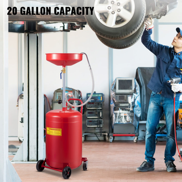 Waste Oil Drain Tank 20 Gallon Portable Oil Drain Air Operated Drainer Oil Change, Oil Drain Container, Fluid Fuel Transfer Drainage Adjustable Funnel Height, With Wheel For Easy Oil Removal