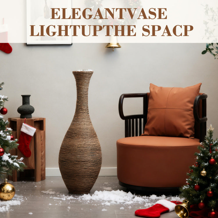 Hand Woven Pvc Rattan Floor Vase, 39.37 Inch Tall Decorative Vase For Home Decor, Beigegreytwo Tone Farmhouse Vase For Living Room, Bohemian & Coastal Style
