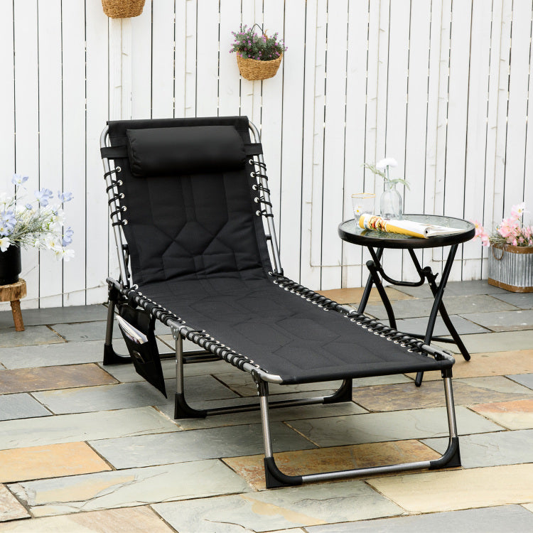 Outsunny Padded Folding Chaise Lounge Chair, Outdoor 6 Level Reclining Camping Tanning Chair With Headrest For Beach, Yard, Patio, Pool, Black