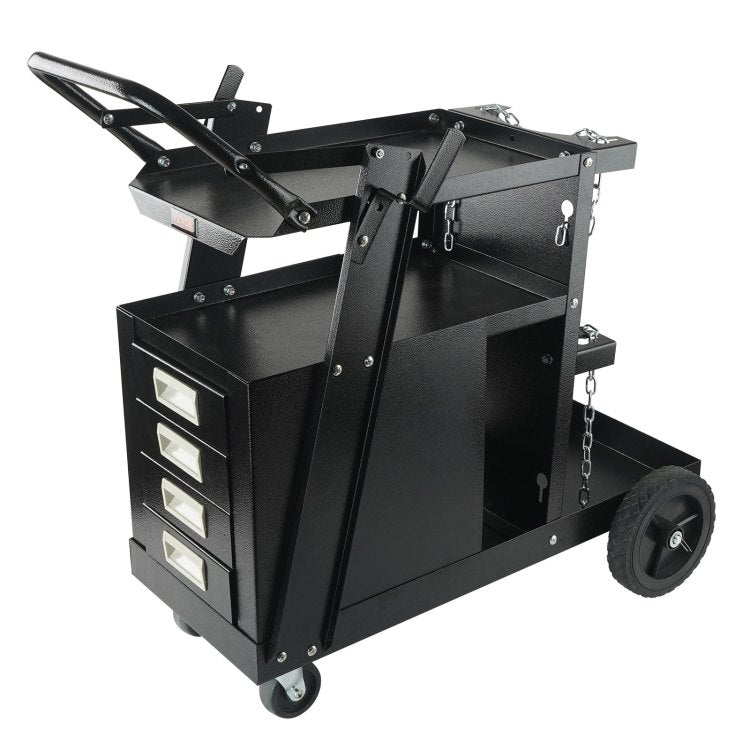 Welding Cart, 2 Tier 4 Drawers Welder Cart With 265 Lbs Weight Capacity, 360 Swivel Wheels, Tank Storage Safety Chains, Heavy Duty Rolling Mig Welder Cart For Mig Welder And Plasma Cutter
