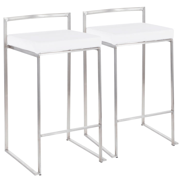 Contemporary Stackable Counter Stool In Stainless Steel With White Velvet Cushion Set Of 2
